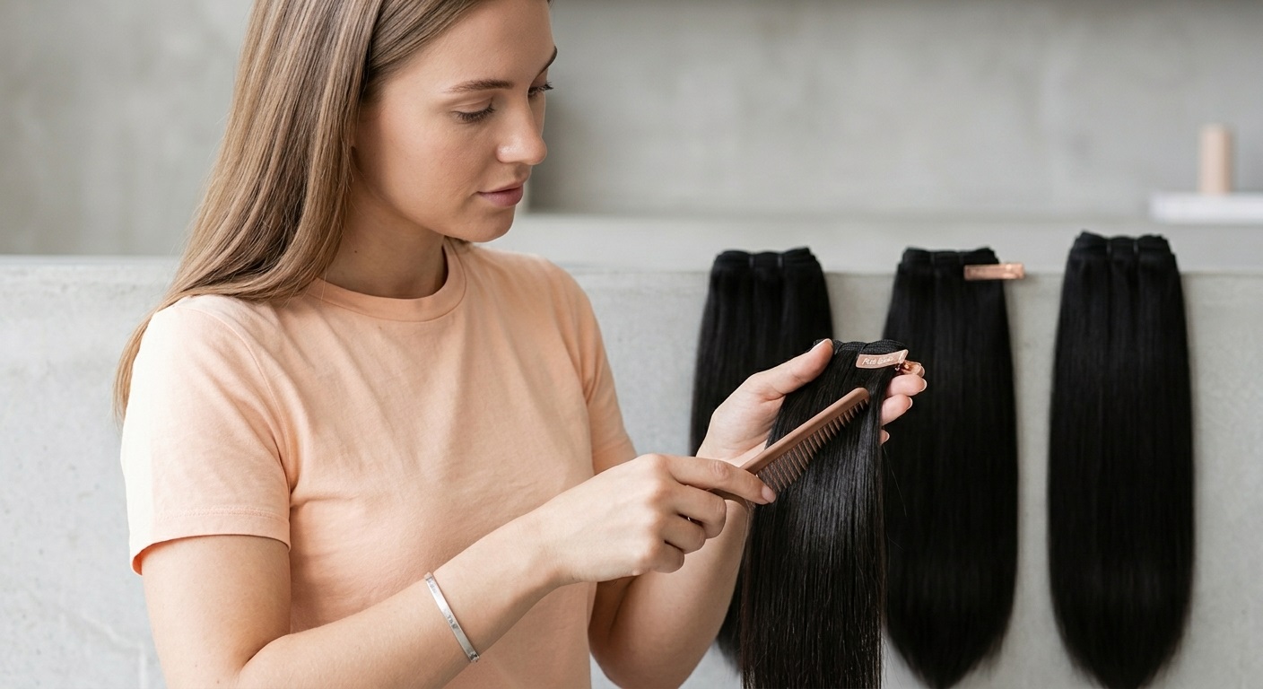 Woman putting on Pink Lemon straight hair bundles