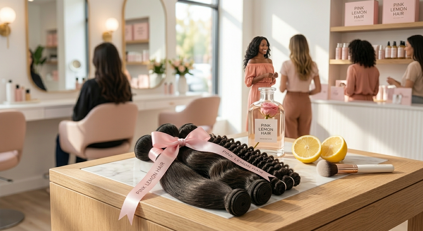 Professional hair salon setting showcasing Pink Lemon Hair styling results