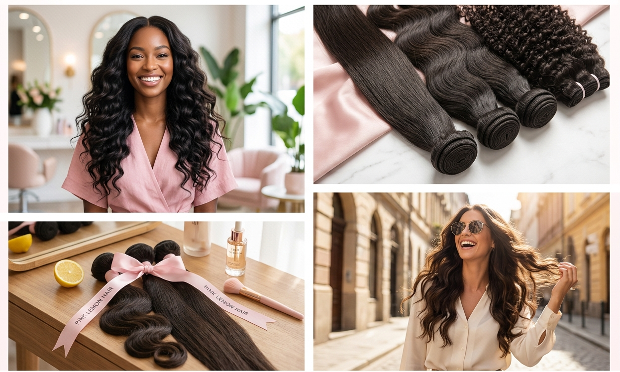 Woman showcasing Pink Lemon Hair virgin human hair bundles